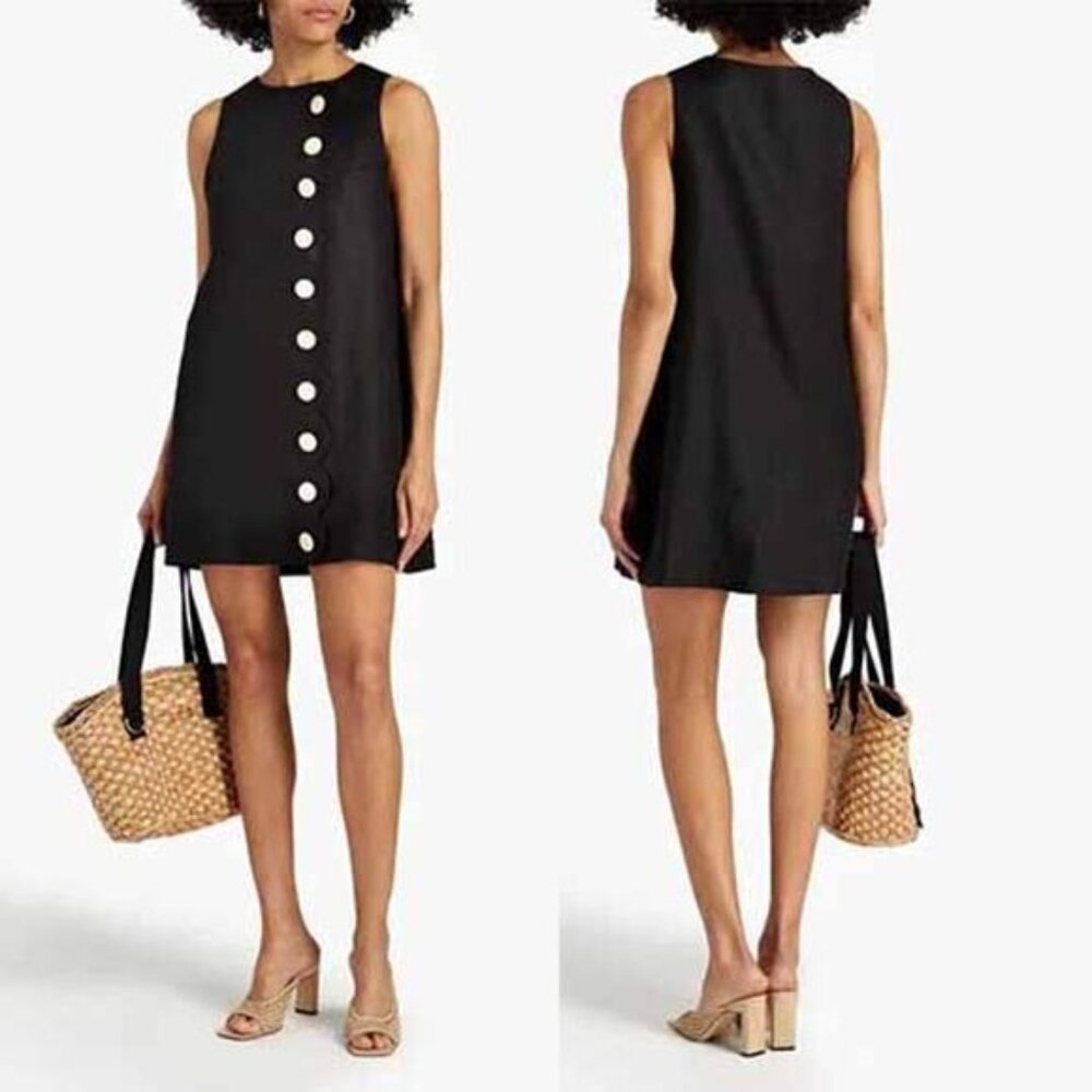 NWT Lisa Marie Fernandez Scalloped Linen-Tweed Button Mini Dress Black Size: 8